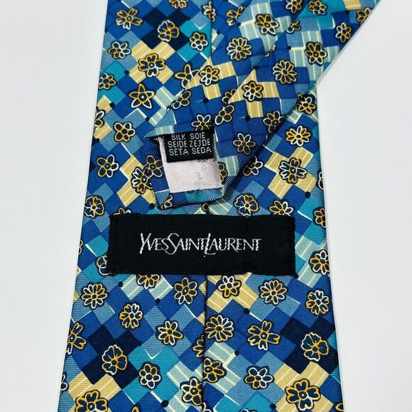 YSL Yves Saint Laurent Silk Necktie Blue Floral Geometric Handmade Italy - Picture 5 of 8